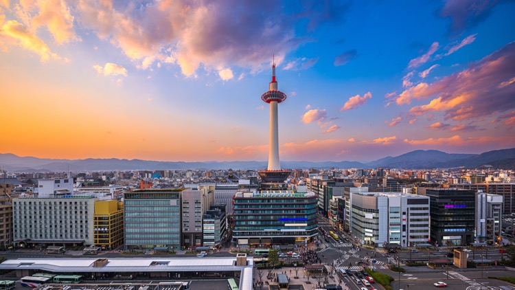 Kyoto, Japan cityscape at Kyoto Tower at golden hour.